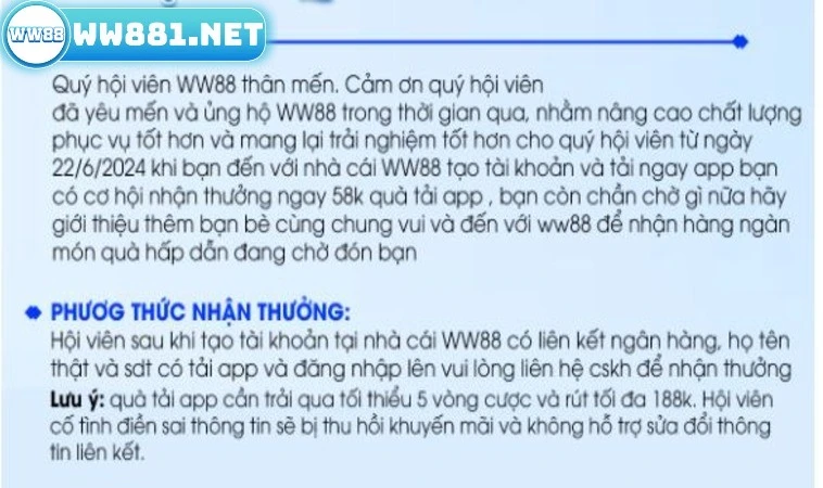Tải App Nhận Quà Liền Tay Nhận Ngay 58K Tại Nhà Cái WW88 2 Hình thức tham gia ưu đãi tải app nhận quà